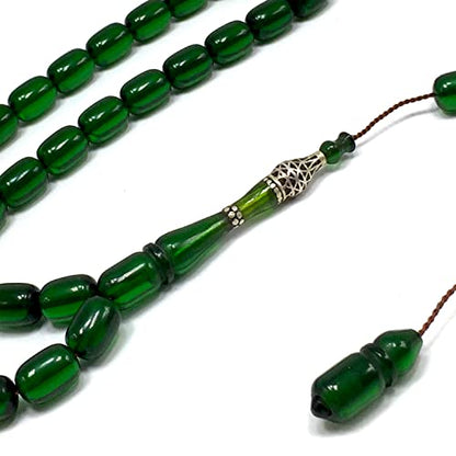 EXCLUSIVE COLLECTION -Handmade Silver Engraved Bakelite Tesbih, Tasbih, Islamic Rosary, Islamic Prayer Beads, Misbaha (8x12 mm 33 Forest Green Beads) - color: 8x12 mm 33 Forest Green Beads