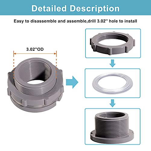 Ququyi 2 Inch PVC Bulkhead Water Tank Connector Adapter Fitting with Plugs Thru-Bulk Pipe Fitting for Rain Barrels, Aquariums, Ponds(Set of 1) - size: 2"-1pcs