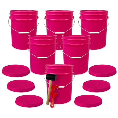 5 Gallon Bucket w/Lid, Food Grade BPA-Free, 6 Pack, Pink | Airtight Lid, Mallet and Lid Opener Included, Heavy-Duty 90 Mil HDPE Plastic, Food-Safe Durable Container, Made in USA - color: Pink, size: 6 Packs