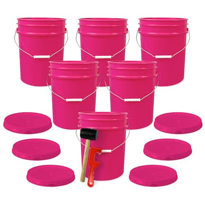 5 Gallon Bucket w/Lid, Food Grade BPA-Free, 6 Pack, Pink | Airtight Lid, Mallet and Lid Opener Included, Heavy-Duty 90 Mil HDPE Plastic, Food-Safe Durable Container, Made in USA - color: Pink, size: 6 Packs