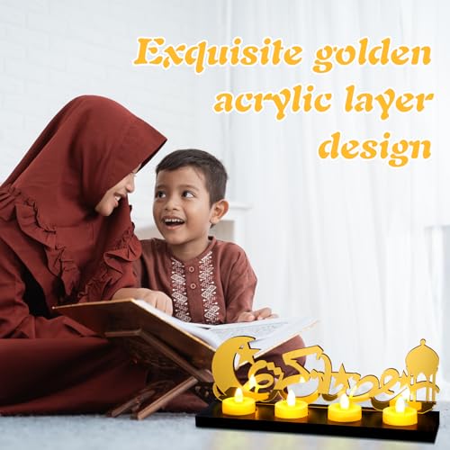 Rossesay Islamic Decorations Islamic Candle Holder with LED Tea Candles Wooden Acrylic Islamic Tabletop Decors Ramadan Kareem Eid Mubarak Sign Muslim Gifts for Home Table Party Decorations(Novelty)