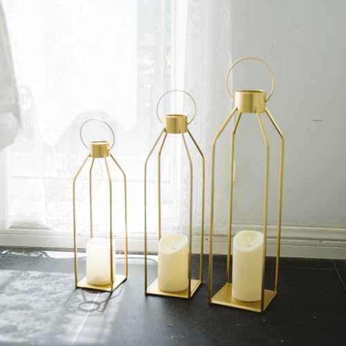 HPC DECOR 모던 팜하우스 랜턴 장식 - 55.9cm(22인치) 48.3cm(19인치) 40.6cm(16인치) 높이 대형 골드 메탈 캔들 랜턴 홈 데코용 - 랜턴 장식, 거실, 야외, 벽난로 맨틀 장식용 타이머 깜박이는 양초 포함 - size: 22inch,19inch and 16inch（Gold）