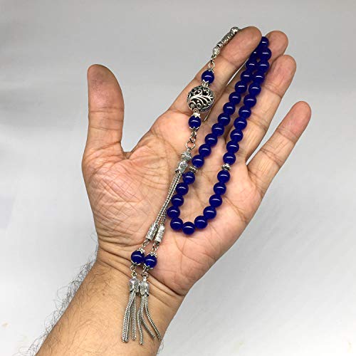 Design - Long & Stylist Tassels Worry Beads - Prayer Beads (8 mm-33 Beads) Tesbih-Tasbih-Tasbeeh-Misbaha-Subha-Sebha-Sibha-Rosary (Blue Agate Natural Stone) - color: Blue Agate Natural Stone