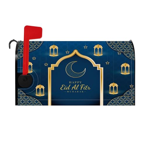 Happy Al-Fitr Mubarak Magnetic Mailbox Covers Islamic Eid Mubarak Ramadan Kareem Muslim Arabian Festival Mail Box Wraps Post Letter Cover Farmhouse Garden Yard Outdoor Decoration 21x18 Inch - color: Deep Blue