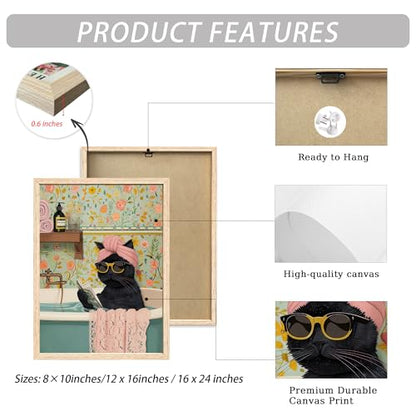 ICHZUMW Framed Funny Black Cat in Bathtub Canvas Bathroom Wall Art 16x24 In - color: Spa Kitty, size: 24"L x 16"W