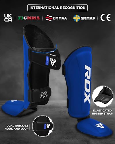 RDX Shin Guards Kickboxing Muay Thai, SATRA SMMAF Approved, Premium Maya Hide Leather, Leg Instep Protection Pads, MMA Martial Arts Kicking Sparring Training Gear, BJJ Karate Boxing Taekwondo, Black - color: Blue, size: Medium