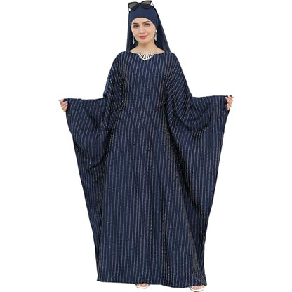 Muslim Abaya Dress 1Piece Bat Sleeve Kaftan Robe Women Islamic Maxi Dress Rhinestone Jilbab Eid Shiny Abaya(No scarf) - color: Navy I