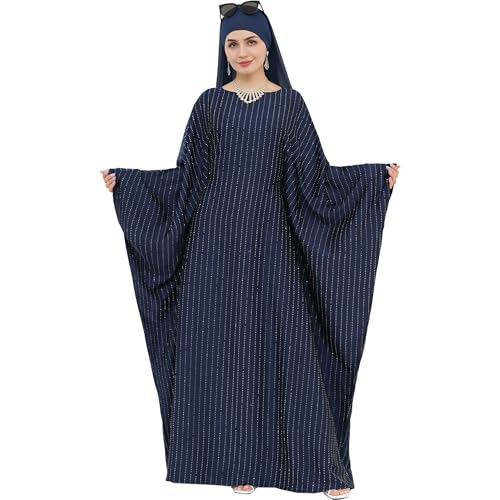 Muslim Abaya Dress 1Piece Bat Sleeve Kaftan Robe Women Islamic Maxi Dress Rhinestone Jilbab Eid Shiny Abaya(No scarf) - color: Navy I