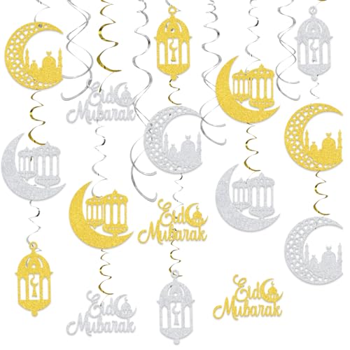 16Pcs Eid Mubarak Hanging Swirls Ramadan Hanging Decorations Muslim Islam Festival Party Decorations Gold Silver Glitter