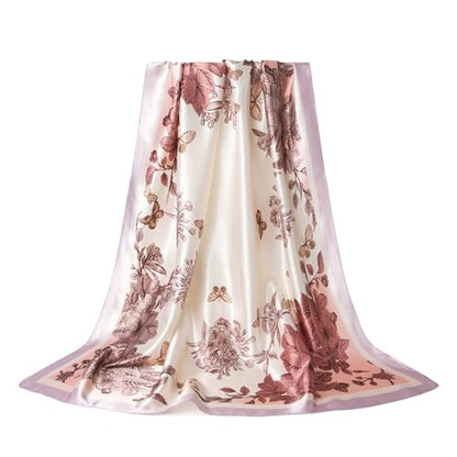 Silk-Feel 35x35 Satin Hair Scarf | Multi-Way Head Wrap for Sleep, Style & Hijab | Gift-Ready Fashion Scarf for Women - color: Pink-flowers