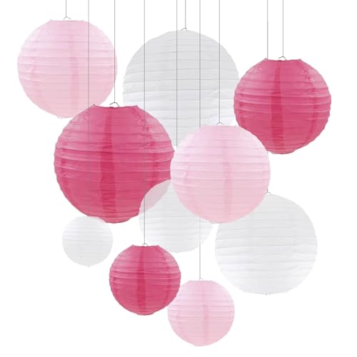 ZOOYOO 10pcs Paper Lanterns,Pink Round Hanging Paper Lanterns Decorations for Wedding,Bridal Shower,Valentine's Day,Gender Reveal,Anniversary,Birthday Party,Graden Decor - color: Pink