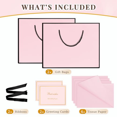 ANZNKU 2PCS Pink Gift Bags with Handles, Medium Gift Bags for Women with 4 Tissue Paper 2 Ribbons 2 Cards, Cute Present Bag for Wedding Birthday Graduation Engagement Bridal Baby Shower Party Favors - color: Blush Pink