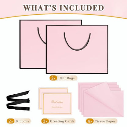 ANZNKU 2PCS Pink Gift Bags with Handles, Medium Gift Bags for Women with 4 Tissue Paper 2 Ribbons 2 Cards, Cute Present Bag for Wedding Birthday Graduation Engagement Bridal Baby Shower Party Favors - color: Blush Pink