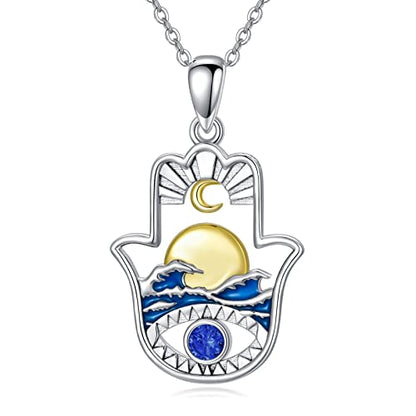 PROESS 925 Sterling Silver Hamsa/Allah Necklace Evil Eye Amulet Jewelry Gifts for Men Women - style: sun and moon necklace