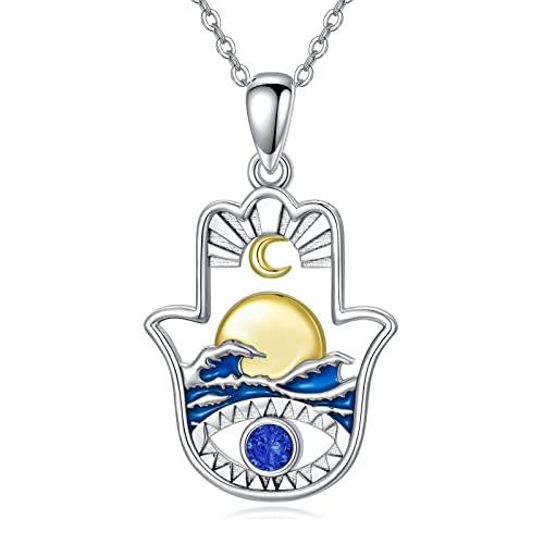 PROESS 925 Sterling Silver Hamsa/Allah Necklace Evil Eye Amulet Jewelry Gifts for Men Women - style: sun and moon necklace