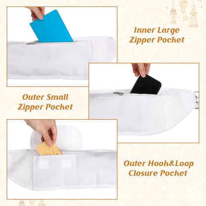 Dansydaisy Ihram Belt for Hajj and Umrah White Adjustable Ihram Waist Belt with Zippered Pockets Fits 32" up to 52" - style: 1 Pocket