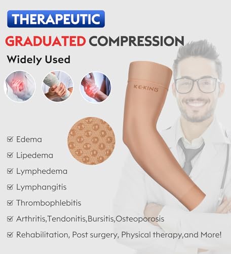 KEKING Lymphedema Compression Arm Sleeves 15-20mmHg with Silicone Band - color: 15-20mmhg Beige (with Silicone Band), size: XX-Large (1 Pair)