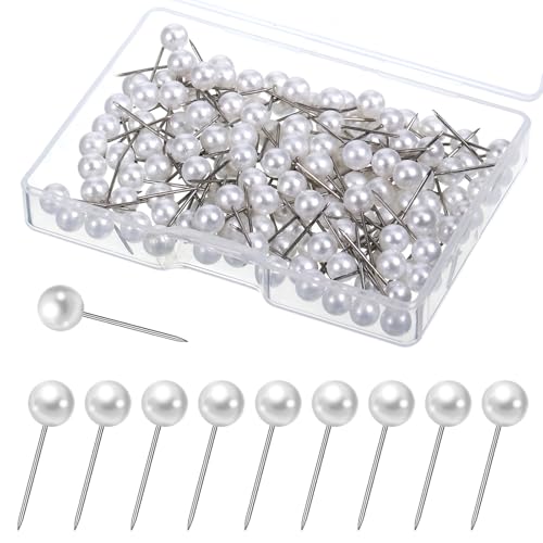 150 PCS Pearl Push Pins, Decorative Pearl Ball Tacks with Plastic Storage Box Round Short Pearls Head Pins Corsage Florists Weddings Sewing Straight Pin for DIY Craft, Photo Wall, Cork Board (White)