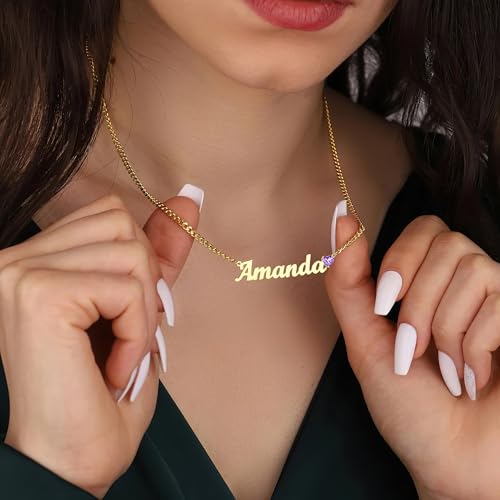 DayOfShe Name Necklace Personalized for Women, 18K Gold Plated Cuban Chain Necklaces Customized with Name as Christmas Girlfriend Gift - color: Heart Birthstone