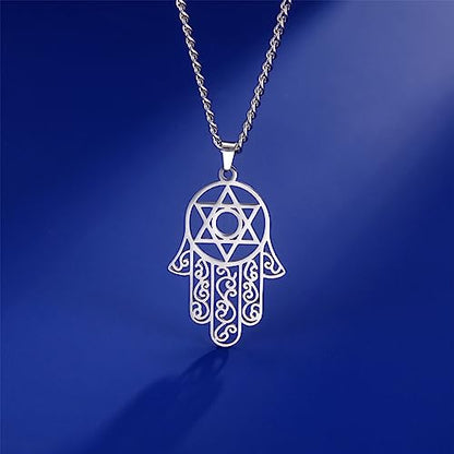 Hamsa Hand of Fatima Hexagram Necklace Star of David Evil Eye Pendant Jewish Female Protection Amulet Symbol Jewelry Women Men - color: silver