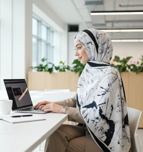 Hijab Modest and Elegant | Beautifully Designed Printed Chiffon Patterns | Muslim Women Head Scarf and Veil - color: White B