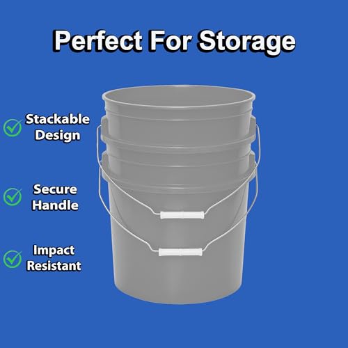 5-Gallon Bucket with Airtight Lid – Made in USA, Food Grade BPA Free Plastic, Heavy Duty Multi-Use, Metal Handle with Grip, Stackable Storage – Silver, 1 Pack - color: Silver, size: 1