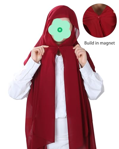Magnetic Chiffon Hijab Scarf for Women, Quick Snap Closure Headscarf, Breathable Muslim Headwrap with Under Cap - color: Burgundy