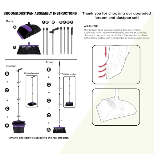 Broom and Dustpan Set, Upright Purple Broom with Dustpan Combo Set 51" Long Handle, Self Cleaning Dust Pan for Home, Kitchen and Office - color: Purple, size: Standard