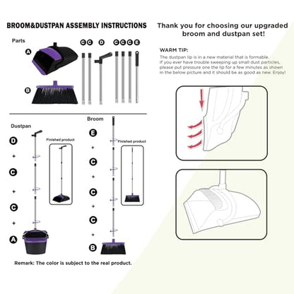 Broom and Dustpan Set, Upright Purple Broom with Dustpan Combo Set 51" Long Handle, Self Cleaning Dust Pan for Home, Kitchen and Office - color: Purple, size: Standard