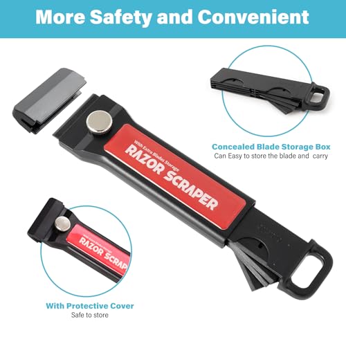 Plastic Razor Blade Scraper Tool with Blade Container 2PCS Razor Scraper with Extra 100PCS Plastic Blades for Adhesive Labels and Decals Sticker Removal on Car Window Glass Floor (W80)