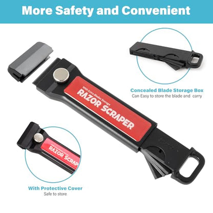 Plastic Razor Blade Scraper Tool with Blade Container 2PCS Razor Scraper with Extra 100PCS Plastic Blades for Adhesive Labels and Decals Sticker Removal on Car Window Glass Floor (W80)