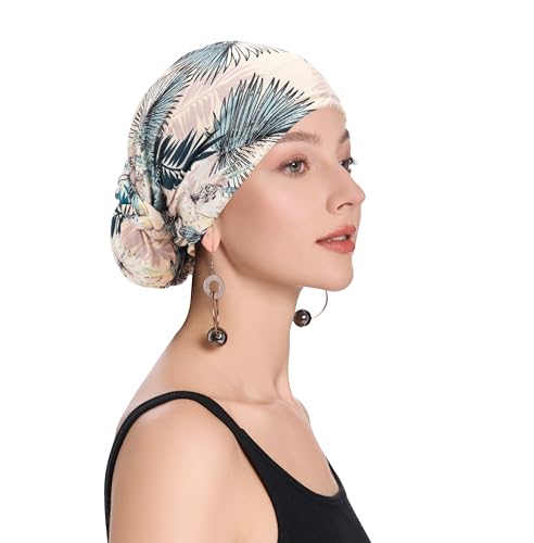ZLYC Hijab Cap for Women Lightweight Undercap with Bun Loop Underscarf Hat - color: Leaves Beige