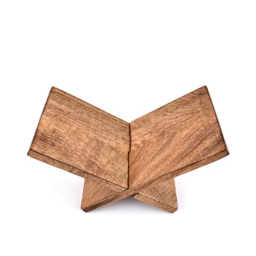 Edhas Wooden Book Holder, Coffee Table Stand & Easel for Magazines, Art, Cookbooks, Bible or Quran – Handcrafted Mango Wood with Burnt Finish (12.5" x 7" x 6")