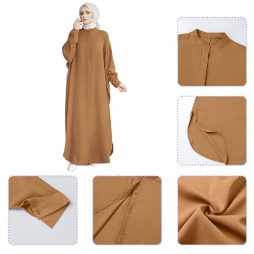 FYMNSI Abayas for Women Muslim Dress Modest Maxi Robe Abaya Kaftan Dresses Eid Prayer Clothes Arabian Islamic Dubai Outfit - color: Light Brown