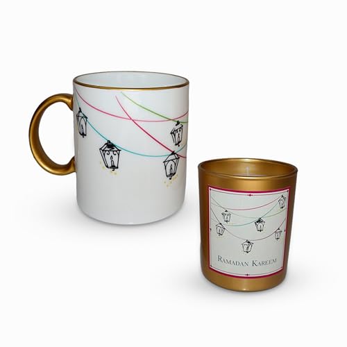 CharmLab Candle – Ramadan Mug & Candle Gift Set (4.8 oz), Gold Glass Jar with Ceramic Mug, Ramadan Kareem Home Decor, Iftar Table Decoration, Eid Gift for Family and Friends