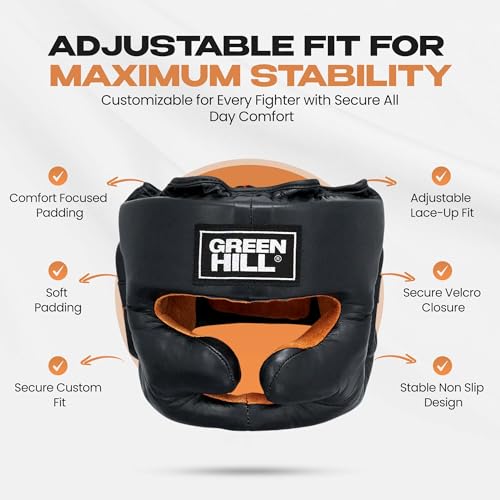 Green Hill Lux Training Leather Headgear for Men & Women | Protective headgear with secure fit and impact-absorbing padding for boxing, MMA, Muay Thai and sparring.
