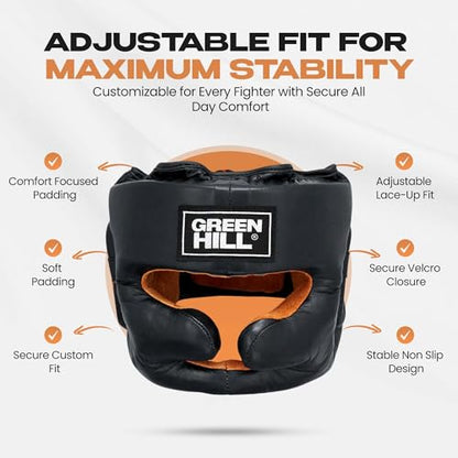 Green Hill Lux Training Leather Headgear for Men & Women | Protective headgear with secure fit and impact-absorbing padding for boxing, MMA, Muay Thai and sparring.