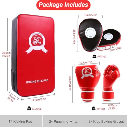 SEISSO Boxing Kick Pads Punching Mitts Curved,Kids Boxing Gloves,Leather Material Art Karate Pad Thai Hand Pad Focus Target Kickboxing Hand Target for Kicking Shield Training,Sparring,Dojo(5Pcs Set)