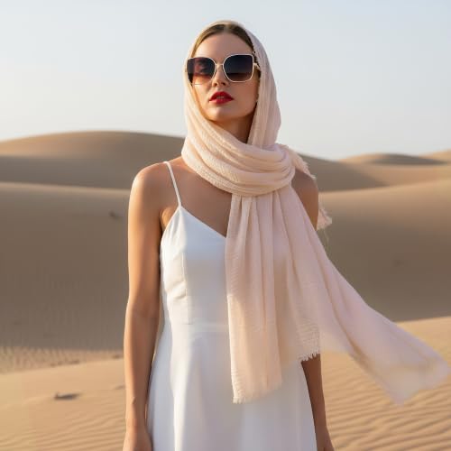 Nydotd Women Summer Cotton Linen Scarf Crinkle Long Beach Shawl Wrap hijab with Fringe - color: Light Apricot