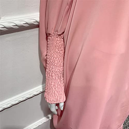 Women Muslim 2 Set Solid Color Plus Long Sleeve Thobe One-size Longuette Overall Abaya Thobe with Hoodied Hijab - color: Pink