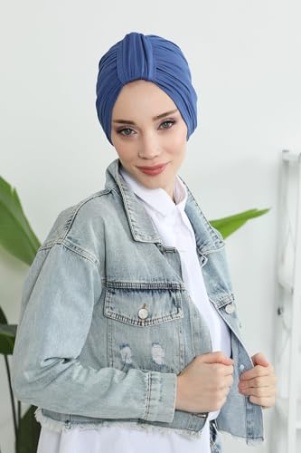 Aisha's Design Instant Turban Plain Cotton Scarf Head Wrap Lightweight Hat Bonnet Cap for Women - color: Indigo