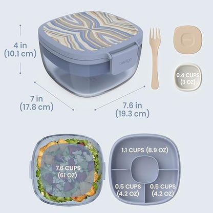 Bentgo Glass Prints Salad Container - 7.6-Cup Tinted Glass Salad Bowl with Airtight Lid, Leak-Proof Sauce Container, 4-Compartment Bento Meal Prep Tray & Reusable Fork (Wildly Chic - Soft Blue) - color: Wildly Chic - Soft Blue