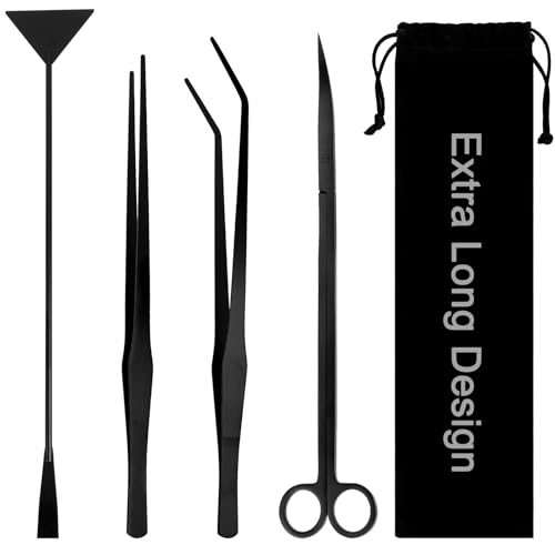 15Inch Extra Long Design Aquarium Aquascaping Tool Kit, Stainless Steel | 4-in-1 Anti-Rust Fish Tank Starter Kit with Long Tweezers Scissors Spatula for Aquarium Plants, Black - color: Black