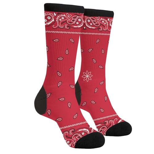 Cute Goldendoodle Unisex Funny Novelty Socks, Funky Crazy Cool Crew Dress Socks - color: Red Bandana Colorful Paisley Bandanna