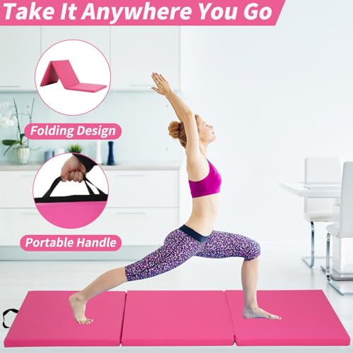 BLKMTY Gymnastics Mat, 2"x6' Folding Exercise Yoga Mat for Kids Tumbling | PU Leather Workout Mat, with Carrying Handles, For Home Gym Aerobic Fitness - color: Pink
