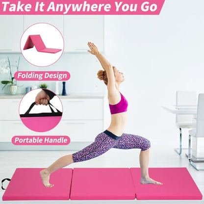 BLKMTY Gymnastics Mat, 2"x6' Folding Exercise Yoga Mat for Kids Tumbling | PU Leather Workout Mat, with Carrying Handles, For Home Gym Aerobic Fitness - color: Pink