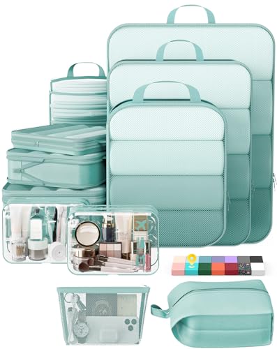 Veken 11 Set Compression Packing Cubes for Travel Essentials,Compressible Expandable Large Luggage Suitcase Organizer Bags for Clothing,Space Saver Bags with Over 1000 pcs of Mesh Holes(Blue Green) - color: Blue Green, size: 11 set