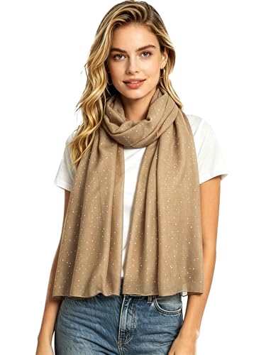 Lina & Lily Solid Shimmer Sparkle Glitters Sheer Maxi Shawl Scarf Hijab Lightweight - color: #8 Camel