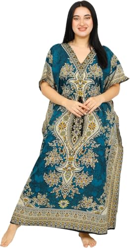Women's Kaftan Dress – Loose Fit Maxi Gown – Kimono Style Beach Cover Up – Elegant Resort Wear and Nightwear - color: Teal Blue