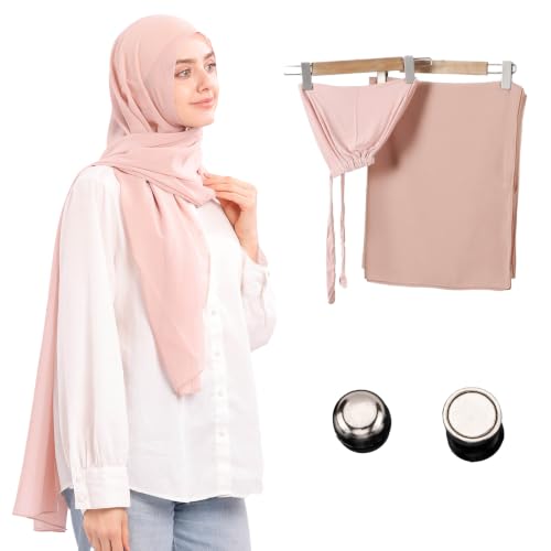 Jonglroy Muslim Chiffon Hijab magnets Head Scarf with Matching Tie Back Jersey Undercap - color: Light Pink